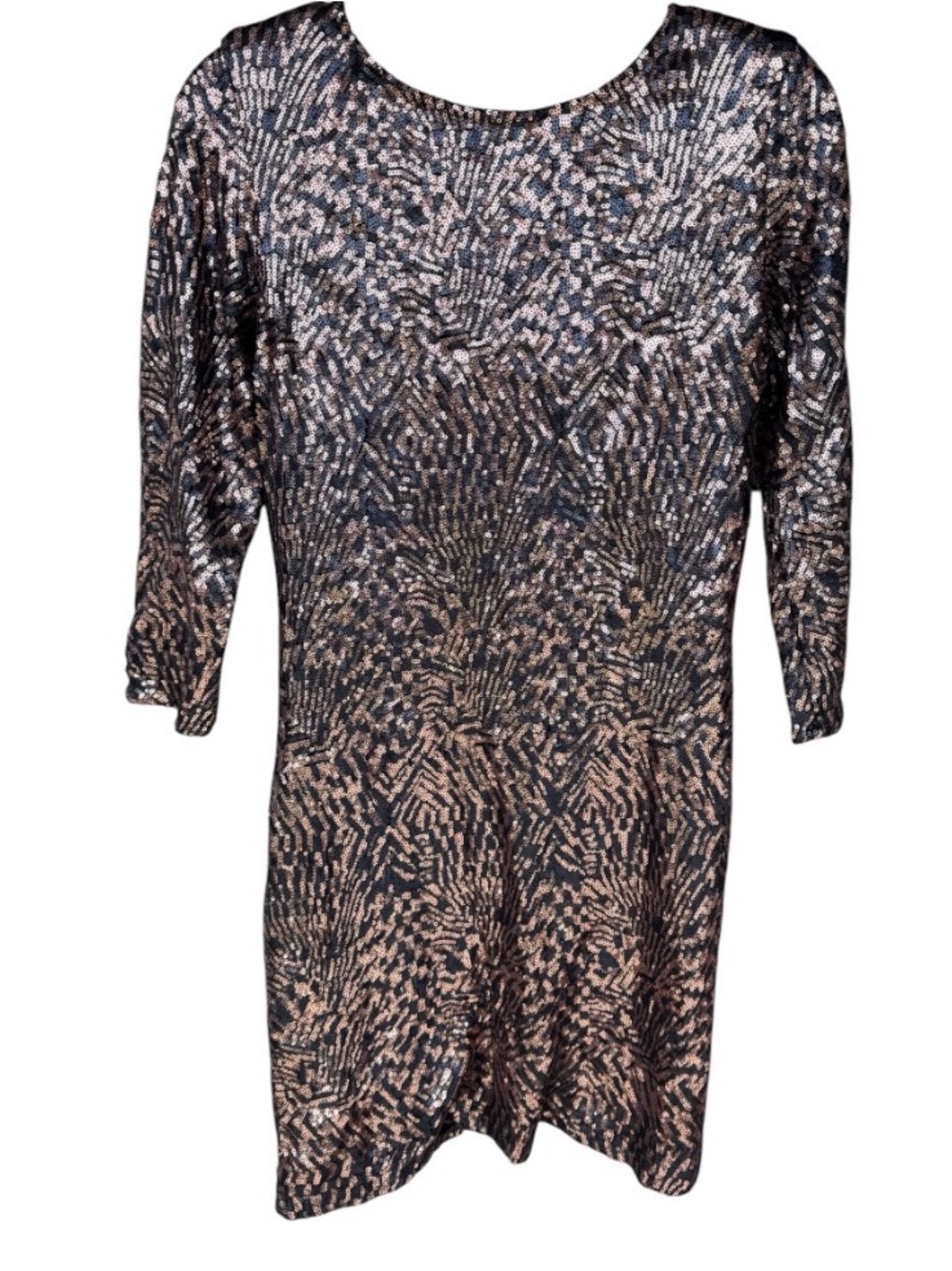 Women's Akira Shimmer Patterned Cocktail Dress in Black and Rose Gold sz L